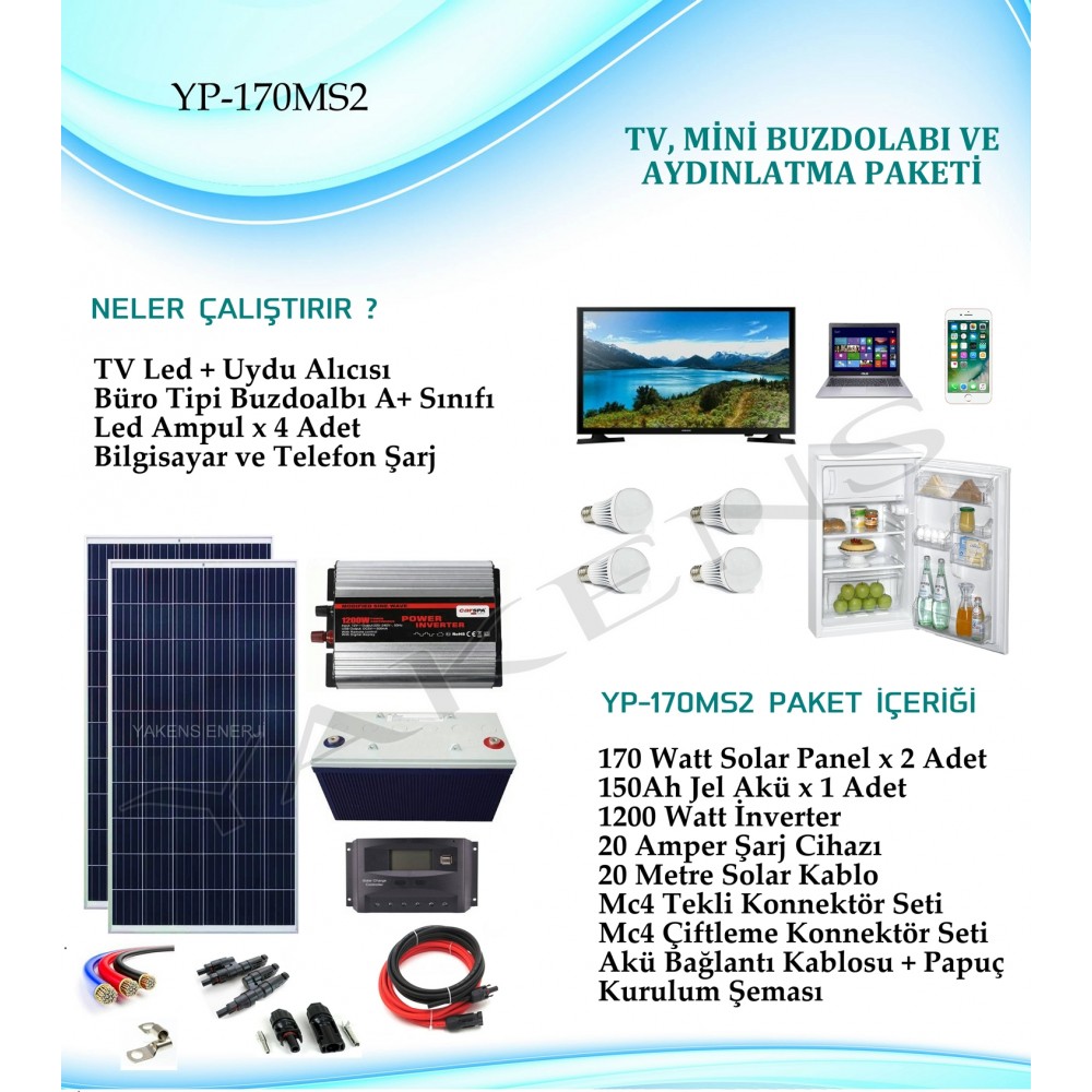 Geriye laboratuvar Düşük  Mini Buzdolabı + Tv + Aydınlatma Güneş Enerjisi Hazır Solar Ev Paketi  YP-170MS2 | Yakens Depo