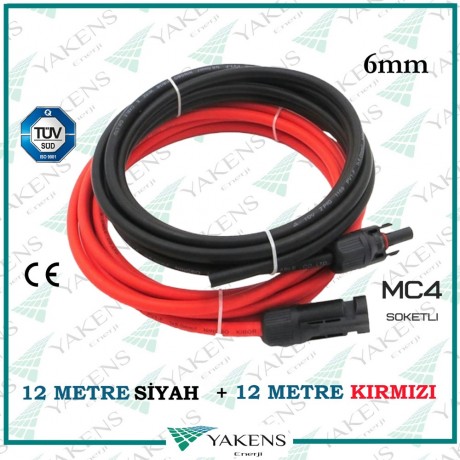 Hazır Soketli (12m+12m) 6mm Toplam 24 Metre Güneş Paneli Hazır Solar Kablo Seti Kırmızı Siyah