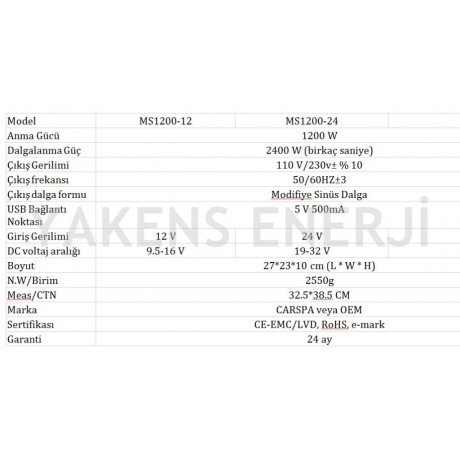 1200 Watt 12V Modifiye Sinüs İnverter Carspa