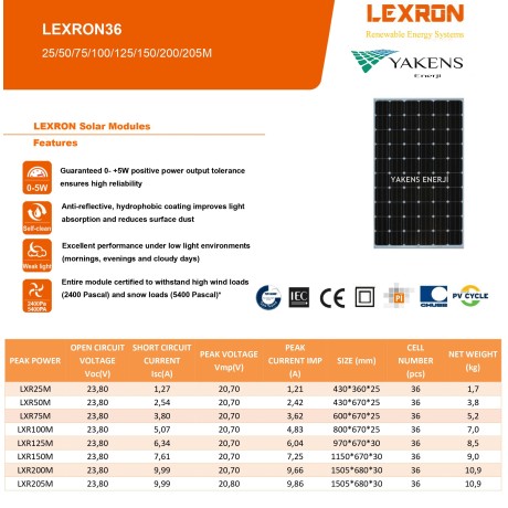 150 Watt 12V Monokristal Güneş Paneli Lexron