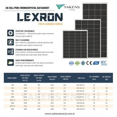 210 Watt 12V Monokristal Güneş Paneli Lexron