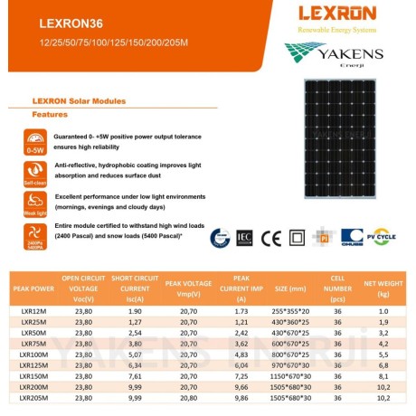 205 Watt 12V Monokristal Güneş Paneli Lexron 