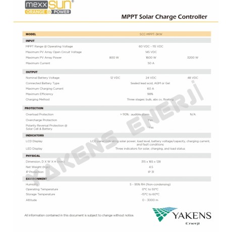 60 Amper Mppt 12/24/48V Solar Şarj Cihazı Mexxsun  (SCC-MPPT-3K)