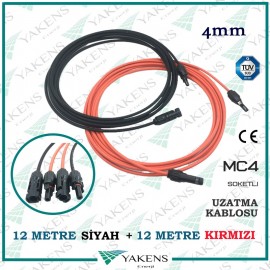 Güneş Paneli Uzatma Kablosu (12m+12m) 4mm Çift Taraflı Mc4 Soketli Solar Ara Kablo Siyah Kırmızı 