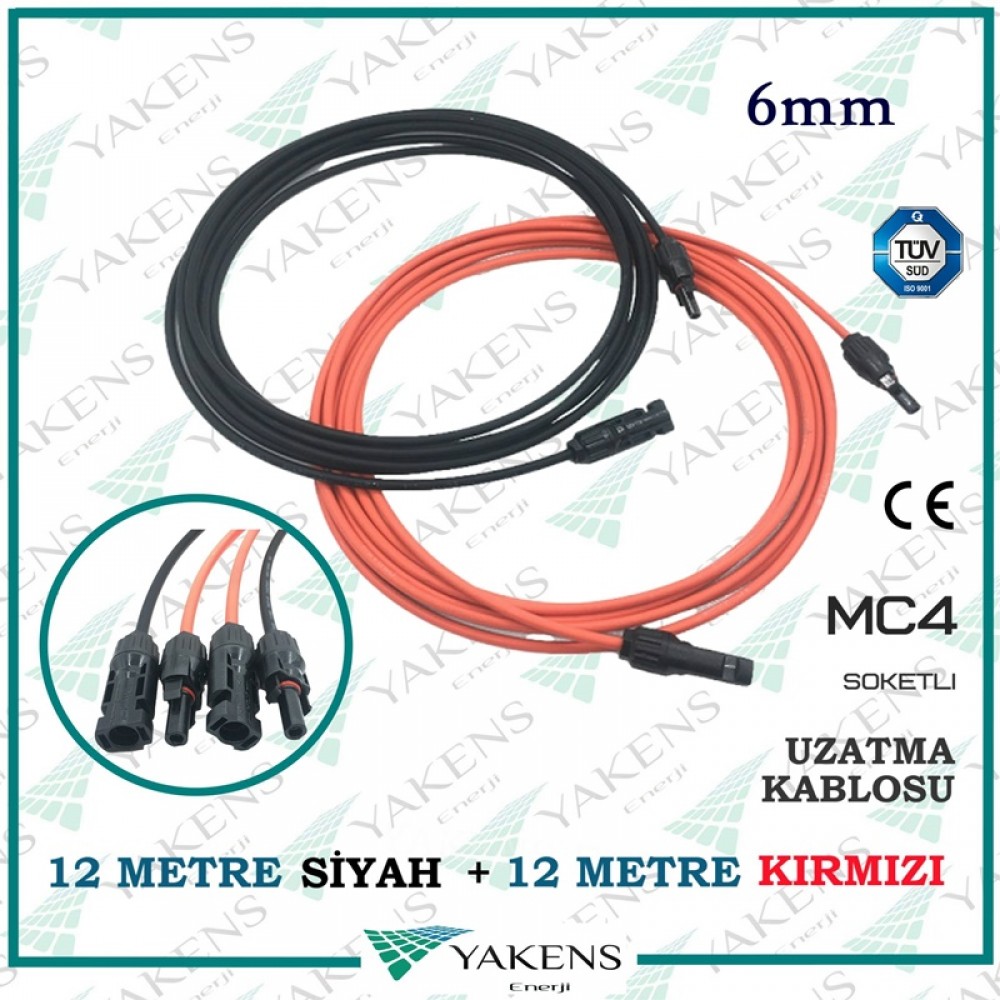 Güneş Paneli Uzatma Kablosu (12m+12m) 24 Metre 6mm Çift Taraflı Hazır Soketli Solar Ara Kablo Siyah Kırmızı