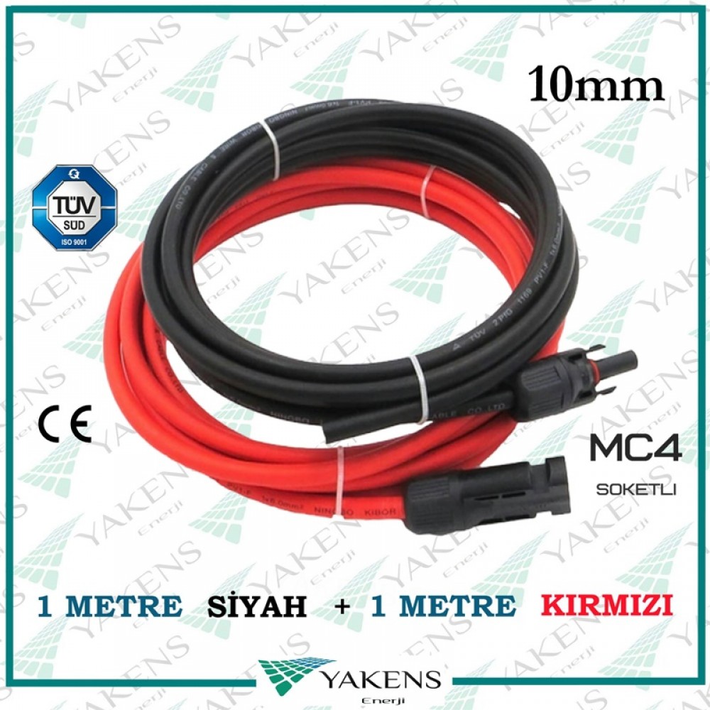 Hazır Soketli (1m+1m) 2 Metre 10mm Güneş Paneli Solar Kablo Siyah Kırmızı