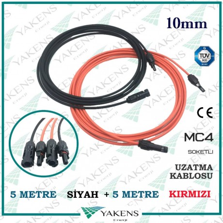 Güneş Paneli Uzatma Kablosu (5m+5m) 10 Metre 10mm Çift Taraflı Hazır Soketli Solar Ara Kablo Siyah Kırmızı