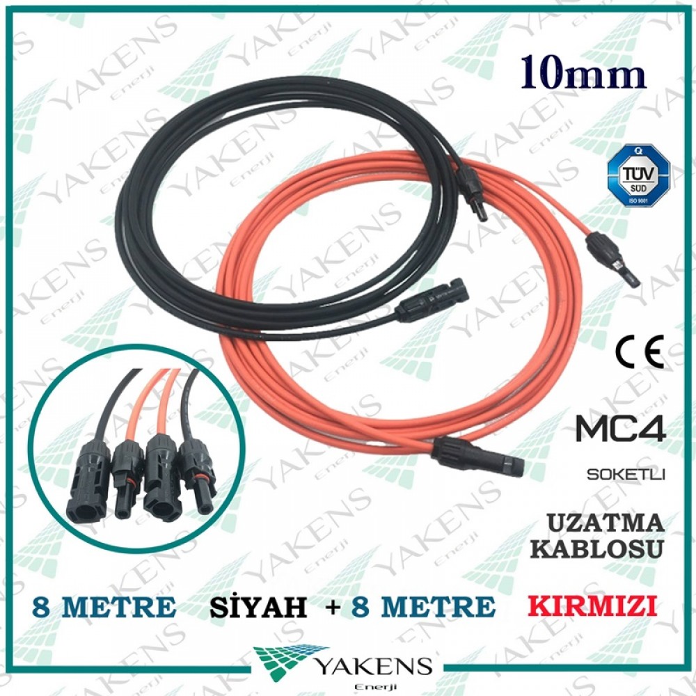 Güneş Paneli Uzatma Kablosu (8m+8m) 16 Metre 10mm Çift Taraflı Hazır Soketli Solar Ara Kablo Siyah Kırmızı