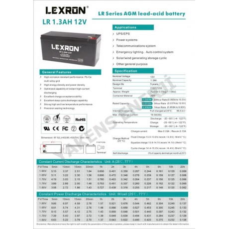 Lexron 1.3 AH 12V Kuru Akü