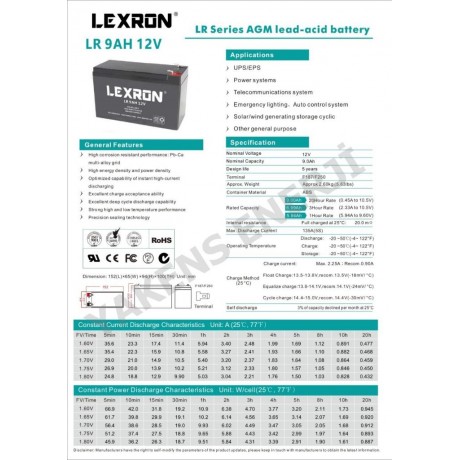 9 AH 12V Kuru Akü Lexron