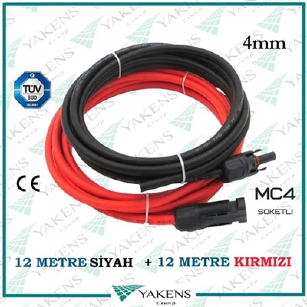 Mc4 Soketli (12m+12m) 24 Metre 4mm Güneş Paneli Hazır Solar Kablo Siyah Kırmızı