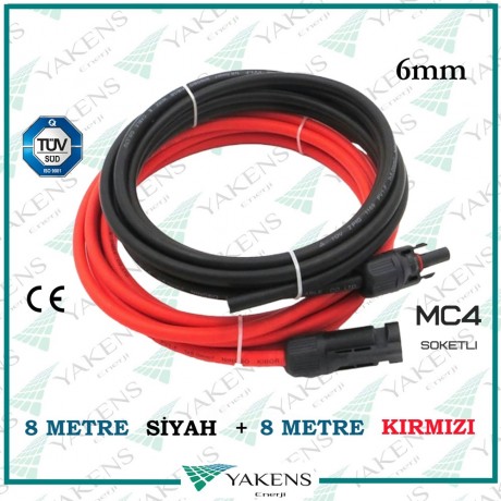 Hazır Soketli (8m+8m) 16 Metre 6mm Güneş Paneli Solar Kablo Siyah Kırmızı