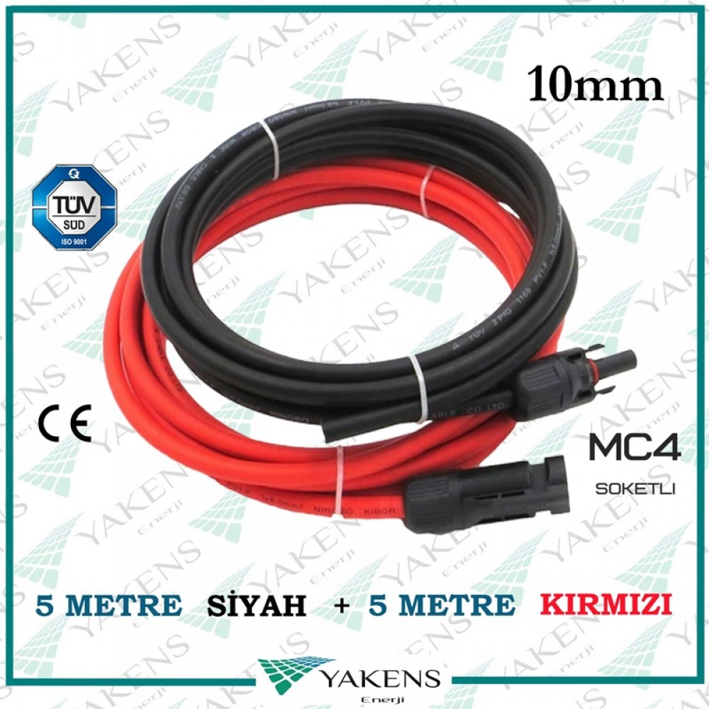 Hazır Soketli (5m+5m) 10 Metre 10mm Güneş Paneli Solar Kablo Siyah Kırmızı