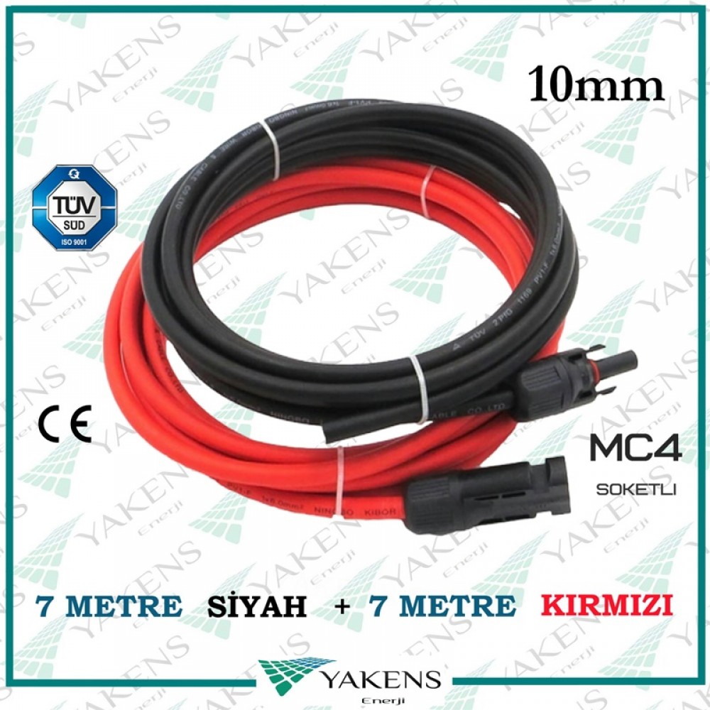 Hazır Soketli (7m+7m) 14 Metre 10mm Güneş Paneli Solar Kablo Siyah Kırmızı