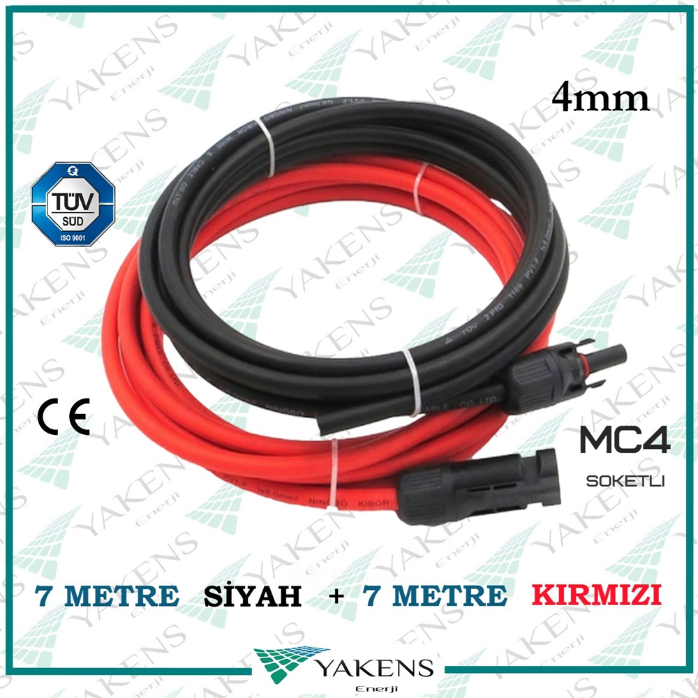 Hazır Soketli (7m+7m) 14 Metre 4mm Güneş Paneli Solar Kablo Siyah Kırmızı