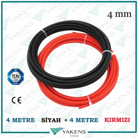 Solar Kablo (4m+4m) 8 Metre 4mm Güneş Paneli Kablo Seti Siyah Kırmızı