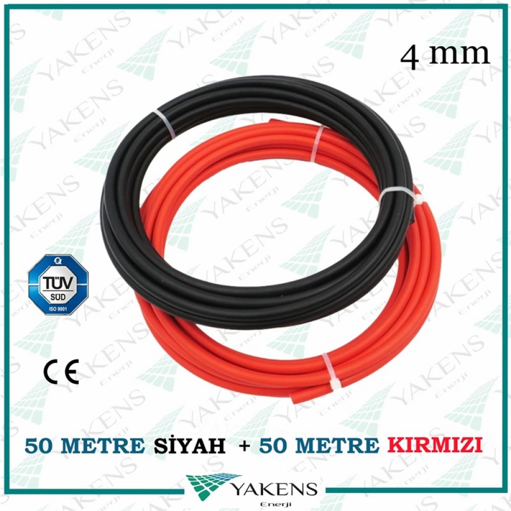 Solar Kablo (50m+50m) 100 Metre 4mm Güneş Paneli Kablo Seti Siyah Kırmızı