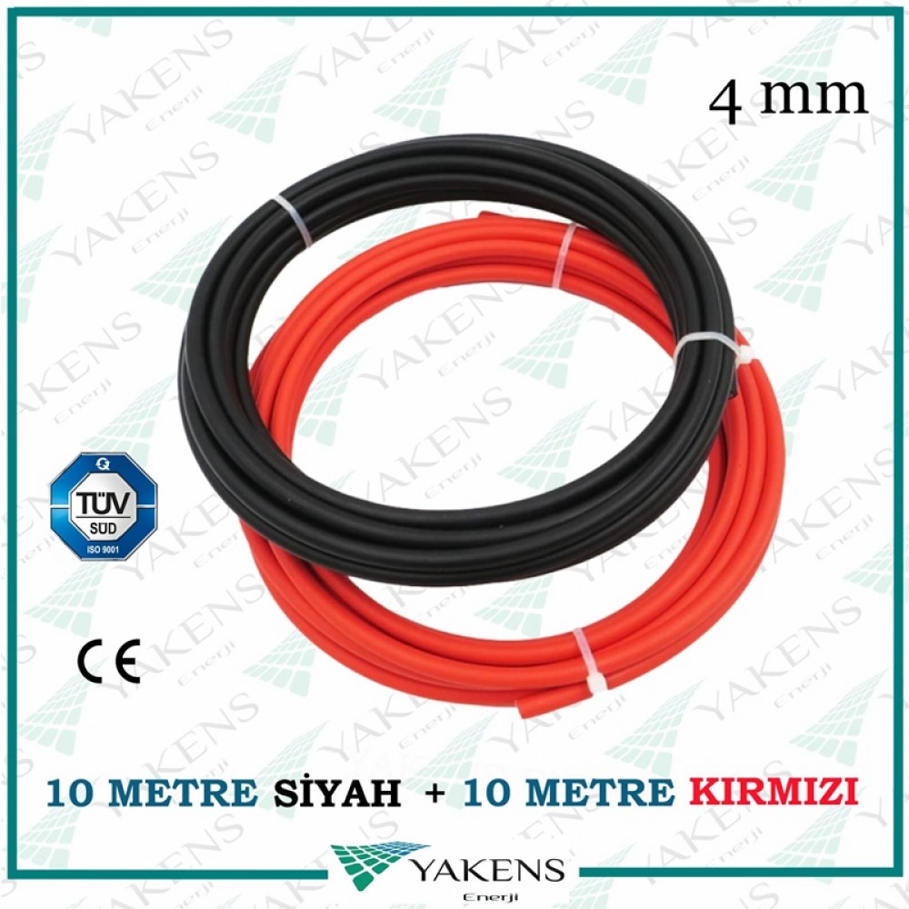 Solar Kablo (10m+10m) 20 Metre 4mm Güneş Paneli Kablo Seti Siyah Kırmızı